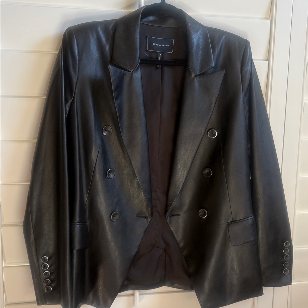 BCBGMaxAzria Sleek Black Faux Leather Double Breasted Blazer